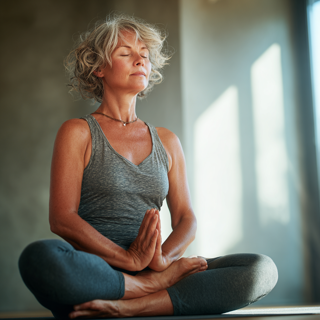 51 years old woman practicing gentle yoga poses with peaceful expression