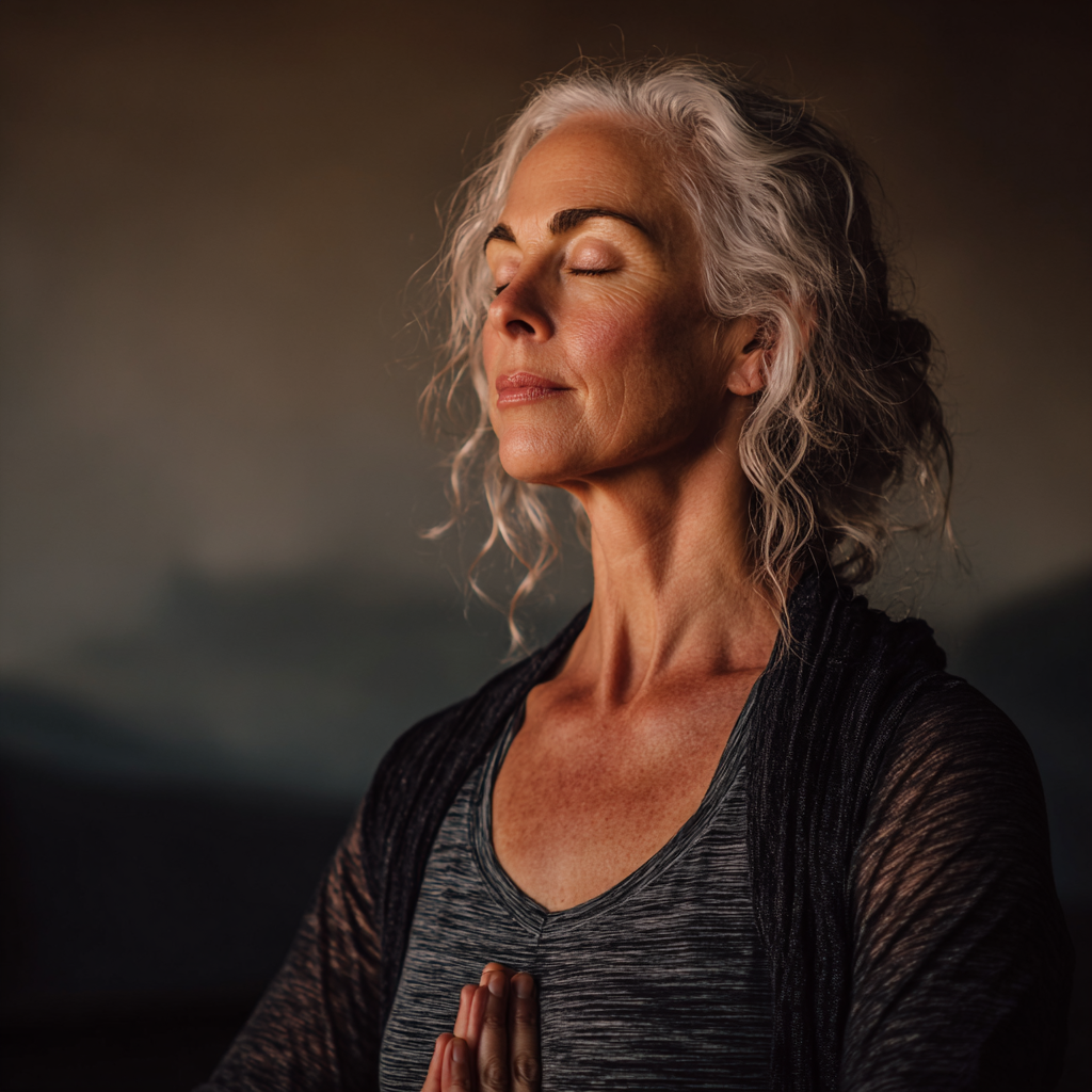 Peaceful 50 years old woman in yoga meditation circle
